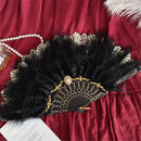 GobekUsa Elegant Gemstone Handle Lace Fan for Dark Gothic Court Party