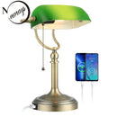 GobekUsa Green Glass Bankers Desk Lamp with USB Charging Port and Pull Chain Switch