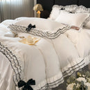 GobekUsa Korean Lace Ruffles Bedding Set with Black Bow Accent