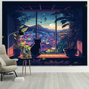 GobekUsa Dreamy Window Cat Tapestry Landscape Wall Cloth for Bedroom & Living Room