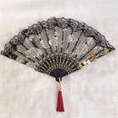 GobekUsa Elegant Gemstone Handle Lace Fan for Dark Gothic Court Party