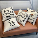 GobekUsa Lambswool Face Embroidered Cushion Cover 45x45 - Beige White Abstract Art Pillowcase
