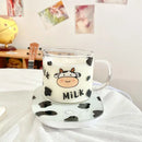 GobekUsa 13.5oz Cow Pattern Glass Mug with Spoon Lid for Student Dormitory