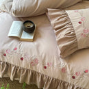 GobekUsa Korean Princess Style Embroidered Bedding Set with Pleated Ruffles in Egyptian Cotton