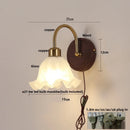GobekUsa LED Wall Light Glass Fixture Pull Chain Switch Wood Bedside Sconce