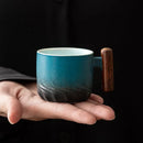 GobekUsa Gradient Glaze Ceramic Coffee Cup with Wooden Handle for Home and Office