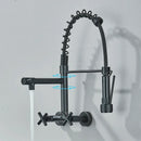 GobekUsa Gold Black Kitchen Faucet Wall Mount Pull Down Tap Dual Swivel Spouts