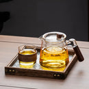 GobekUsa Glass Tea Set with Wooden Handle Teapot on Retro Glass Tray