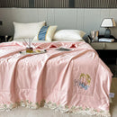 GobekUsa Lace Edge Flowers Embroidery Cool Blanket for Bed - Machine Washable Summer Quilt