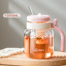 GobekUsa 1000ML Glass Tumbler with Lid, Straw & Handle - Transparent Coffee Cup Water Bottle