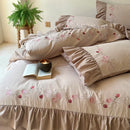 GobekUsa Korean Princess Style Embroidered Bedding Set with Pleated Ruffles in Egyptian Cotton