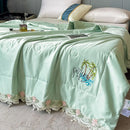 GobekUsa Lace Edge Flowers Embroidery Cool Blanket for Bed - Machine Washable Summer Quilt