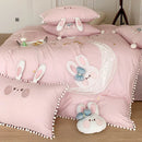 GobekUsa Cartoon Rabbit Moon Embroidery 100% Cotton Girls Bedding Set with Ball Edge