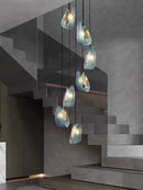 GobekUsa LED Art Deco Blue Peacock Leaf Copper Ceiling Chandelier for Living Room