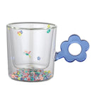 GobekUsa 250ml Double Wall Glass Mug with Glitter Flowers and Flower Handle