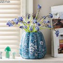 GobekUsa Blue White Porcelain Pumpkin Vase Desk Decoration Artificial Flowers Bouquet