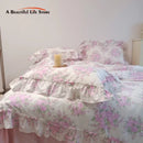 GobekUsa French Rose Flowers Print Lace Ruffles Cotton Bedding Set - Duvet, Bed Skirt, Sheets & Pillowcases