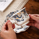 GobekUsa Blue & White Porcelain Classic Coffee Mug Set Gold Rim Tea Cup Saucer