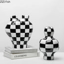GobekUsa Black White Check Vase Modern Crafts Room Decor Irregular Shaped Desk Decoration