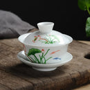 GobekUsa Lotus Hand-Drawn Gaiwan Tea Set - White Porcelain Jingdezhen Teapot Puer Cup