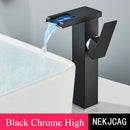 GobekUsa LED Waterfall Basin Faucet: Black Mixer Tap with Light, Deck Mount Kitchen Sink