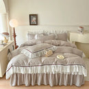 GobekUsa Lace Ruffles Bedding Set: 4pcs Solid Color Princess Quilt Cover, Bed Skirt, 100% Cotton Pillowcase