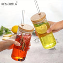 GobekUsa 4-Piece Set Clear Glass Tumbler Cups with Bamboo Lids and Straws - 600ML