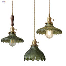 GobekUsa Green Glass LED Pendant Lights with Walnut Wood Hanging Lamp