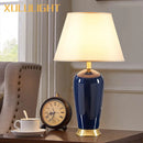 GobekUsa Dark Blue Ceramic Table Lamp with Remote Control for Bedroom and Living Room