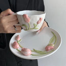 GobekUsa 3D Embossed Tulip Ceramic Coffee Mug - Handcrafted Irregular Flower Cup
