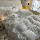 GobekUsa Lace Trim Washed Cotton Bedding Set - 4Pcs Solid Color Duvet Cover & Bed Skirt