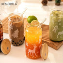 GobekUsa Christmas Themed Glass Beer Can Mug with Lid and Straw | Festive Xmas Tree and Elk Design