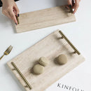GobekUsa Beige Travertine Stone Tray with Golden Metal Handle