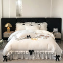 GobekUsa Korean Lace Ruffles Bedding Set with Black Bow Accent