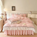 GobekUsa Lace Ruffles Bedding Set: 4pcs Solid Color Princess Quilt Cover, Bed Skirt, 100% Cotton Pillowcase