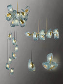 GobekUsa LED Art Deco Blue Peacock Leaf Copper Ceiling Chandelier for Living Room