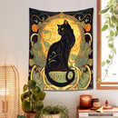 GobekUsa Black Cat Tapestry Wall Hanging Art Nouveau Floral Boho Decor