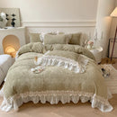GobekUsa French Lace Ruffles Velvet Bedding Set, Furry Duvet, Sheet, Pillowcases