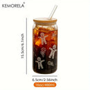 GobekUsa Christmas Themed Glass Beer Can Mug with Lid and Straw | Festive Xmas Tree and Elk Design