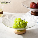 GobekUsa Creative Glass Fruit Plate with Wooden Base | Elegant Home Decor for Living Room Coffee Table