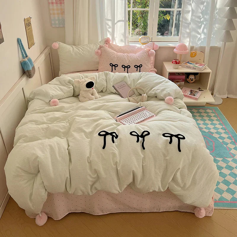 GobekUsa Korean Princess Bow Lattice Pompom Bedding Set - Single Queen Size
