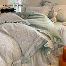 GobekUsa Lace Ruffles Cotton Floral Duvet Set with Pillowcase, Princess Bedding
