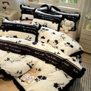 GobekUsa Korean Black White Hepburn Style Bedding Set with Lace Fitted Sheet Set