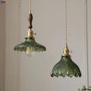 GobekUsa Green Glass LED Pendant Lamp with Copper Wood Handle for Modern Nordic Home Decor