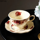 GobekUsa Blooming Roses Porcelain Coffee Mug with Golden Edge & Saucer