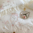GobekUsa 4Pcs Flowers Embroidery Princess Queen Bedding Set with Lace Ruffles