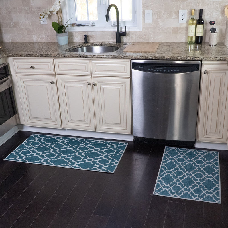 Geometric Graphic Design Non Skid Washable Kitchen Runner Rugs Set of 2| 44 x 24 and 31.5 x 20 Inches Floor Mats |Teal
