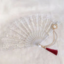GobekUsa Elegant Gemstone Handle Lace Fan for Dark Gothic Court Party