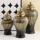 GobekUsa Black Ceramic Checkmate Ginger Jar Vase with Gold Rim