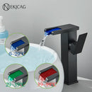 GobekUsa LED Waterfall Basin Faucet: Black Mixer Tap with Light, Deck Mount Kitchen Sink